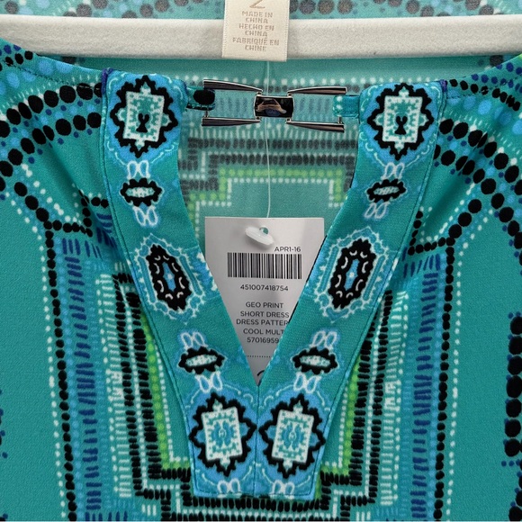 NWT Chico's Teal Blue Geometric Print Stretch Knit Dress, Women's Large - Picture 3 of 8
